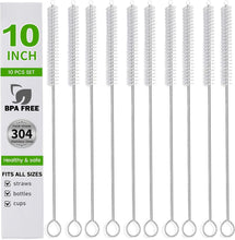 Load image into Gallery viewer, Straw Cleaner Brush Set, 10 Pieces 10 Inch Stainless Steel Handle Straw Brush Set, Extra Long Straw Brush for Tumbler, Sippy Cup, Water Bottle and Tubes
